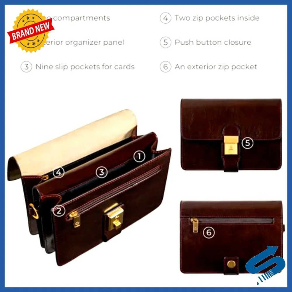 Italian Leather Briefcase Wristlet Organizer Bag for Men